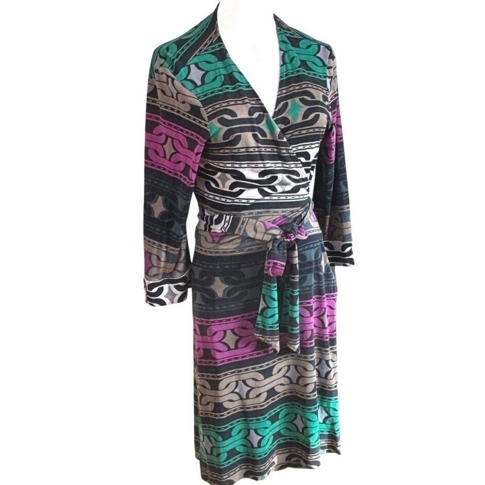 Diane Von Furstenberg 100% Silk Jewel Tone Abstract‎ Wrap Dress 12